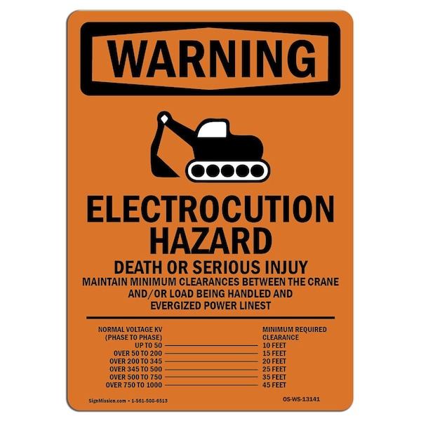Safety Sign, OSHA WARNING, 24" Height, Electrocution Hazard, Portrait, WS-D-1824-V-13141